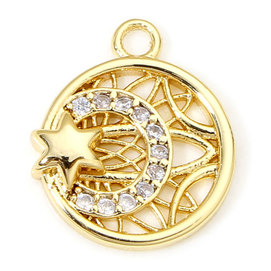 Picture of 2 PCs Eco-friendly Brass Galaxy Charms 18K Real Gold Plated Round Star Hollow Clear Cubic Zirconia 12.5mm x 10.5mm