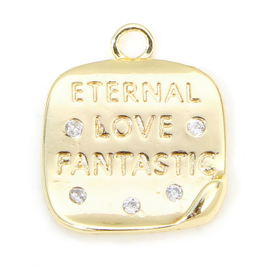 Picture of 2 PCs Eco-friendly Brass Valentine's Day Charms 18K Real Gold Plated Square Initial Alphabet/ Capital Letter Clear Cubic Zirconia 15.5mm x 13mm