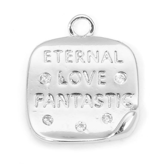 Picture of 2 PCs Eco-friendly Brass Valentine's Day Charms Real Platinum Plated Square Initial Alphabet/ Capital Letter Clear Cubic Zirconia 15.5mm x 13mm