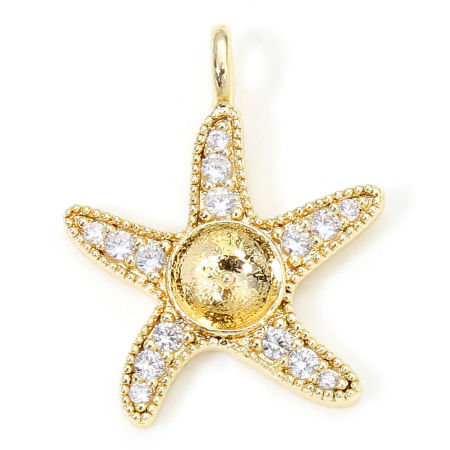 Picture of 1 Piece Eco-friendly Brass Ocean Jewelry Pearl Pendant Connector Bail Pin Cap 18K Real Gold Plated Starfish Micro Pave Clear Cubic Zirconia 20mm x 15.5mm, Needle Thickness: 0.8mm