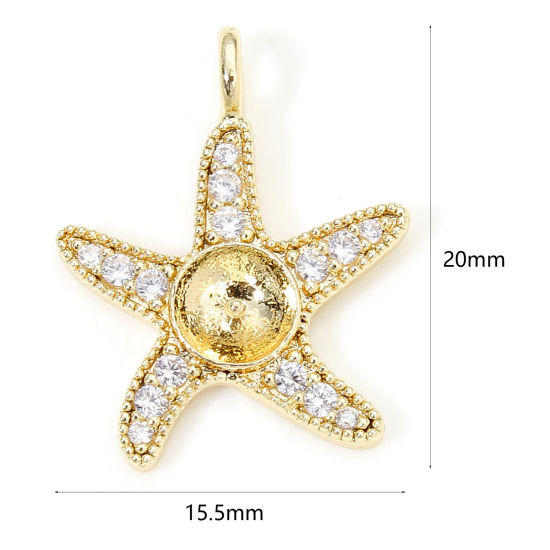 Picture of 1 Piece Eco-friendly Brass Ocean Jewelry Pearl Pendant Connector Bail Pin Cap 18K Real Gold Plated Star Fish Micro Pave Clear Cubic Zirconia 20mm x 15.5mm, Needle Thickness: 0.8mm