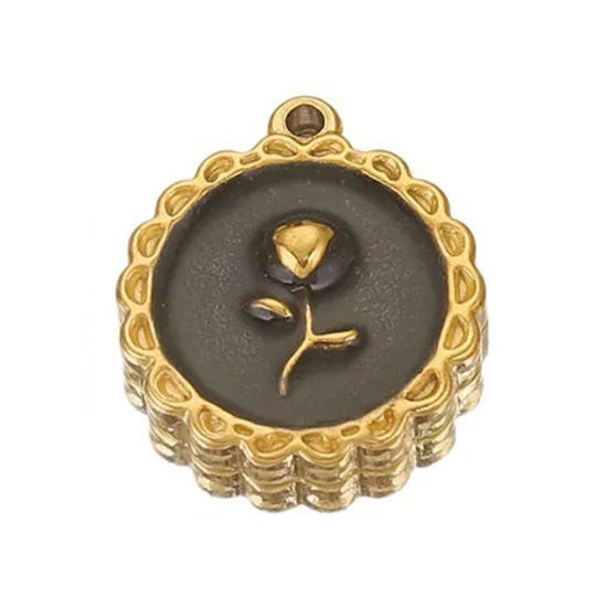 Picture of 1 Piece 304 Stainless Steel Valentine's Day Charms 18K Gold Plated Black Round Rose Flower Enamel 18mm x 16mm