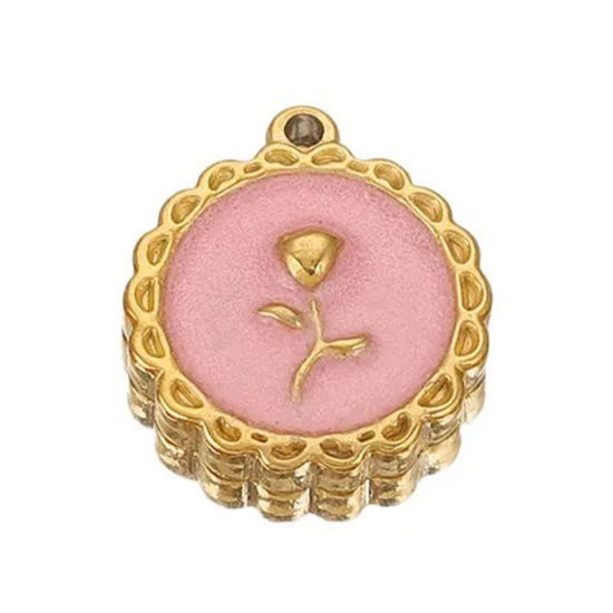 Image de 1 Piece 304 Stainless Steel Valentine's Day Charms 18K Gold Color Pink Round Rose Flower Enamel 18mm x 16mm