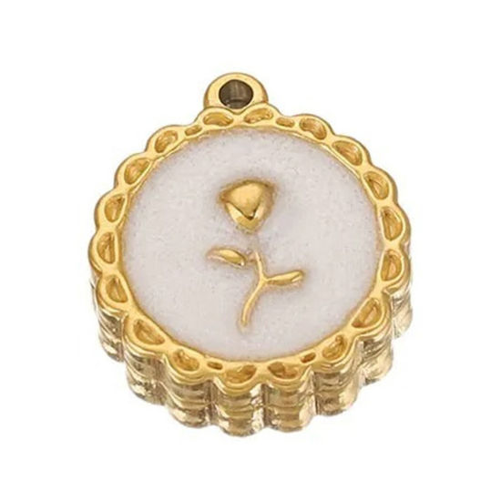 Picture of 1 Piece 304 Stainless Steel Valentine's Day Charms 18K Gold Plated White Round Rose Flower Enamel 18mm x 16mm