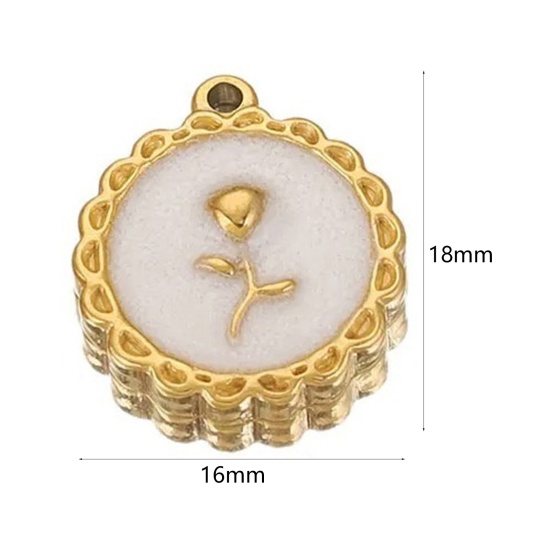 Изображение 1 ШТ 304 Нержавеющая Сталь День святого Валентина Подвески Круглые 18K позолоченный Белый Роза С Эмалью 18мм x 16мм