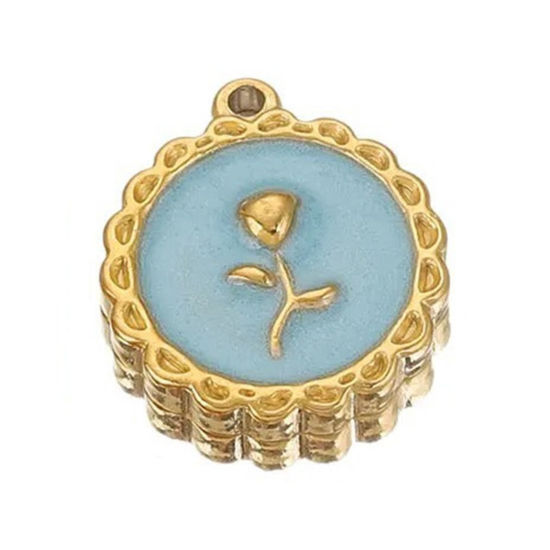 Image de 1 Piece 304 Stainless Steel Valentine's Day Charms 18K Gold Color Blue Round Rose Flower Enamel 18mm x 16mm