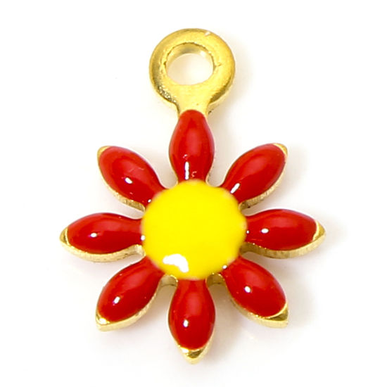 Picture of 10 PCs 304 Stainless Steel Charms 18K Gold Color Red Daisy Flower Enamel 10mm x 7.5mm
