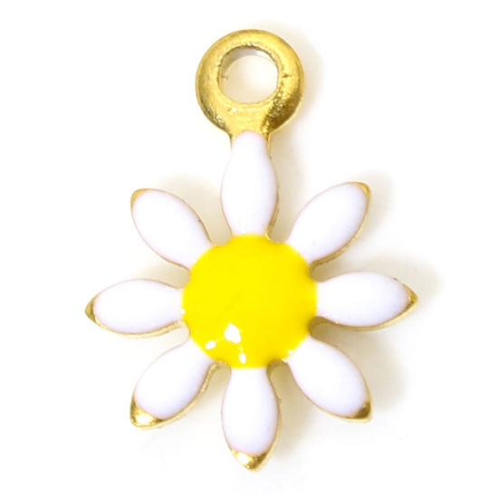 Picture of 10 PCs 304 Stainless Steel Charms 18K Gold Color White Daisy Flower Enamel 10mm x 7.5mm