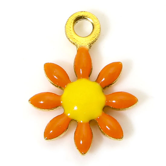 Picture of 10 PCs 304 Stainless Steel Charms 18K Gold Color Orange Daisy Flower Enamel 10mm x 7.5mm