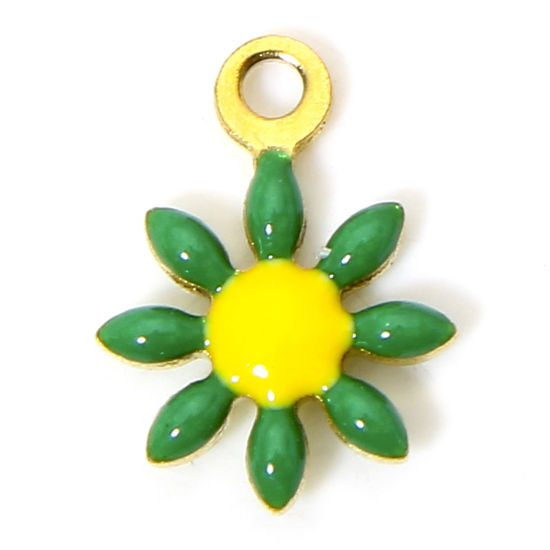 Image de 10 PCs 304 Stainless Steel Charms 18K Gold Color Green Daisy Flower Enamel 10mm x 7.5mm