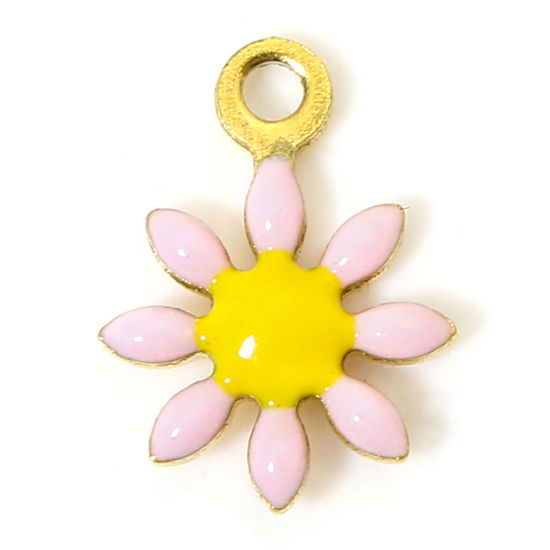 Picture of 10 PCs 304 Stainless Steel Charms 18K Gold Color Pink Daisy Flower Enamel 10mm x 7.5mm