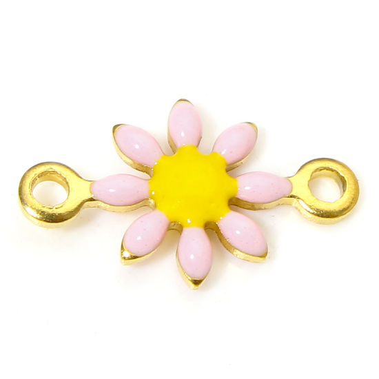 Picture of 10 PCs 304 Stainless Steel Connectors Charms Pendants 18K Gold Plated Pink Daisy Flower Double-sided Enamel 13mm x 7.5mm