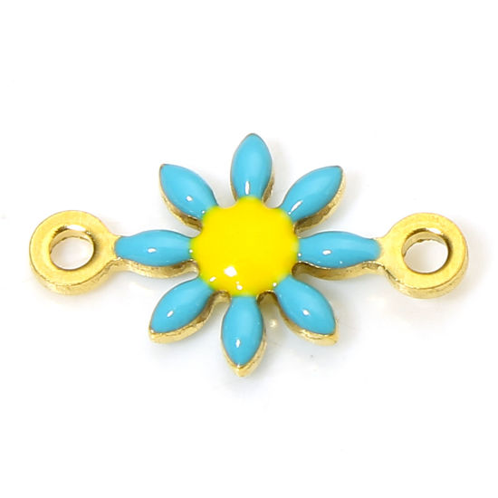 Bild von 10 Stück 304 Edelstahl Steckverbinder Charms Anhänger 18K Gold Plattiert Cyan Gänseblümchen Doppelseitige Emaille 13mm x 7.5mm