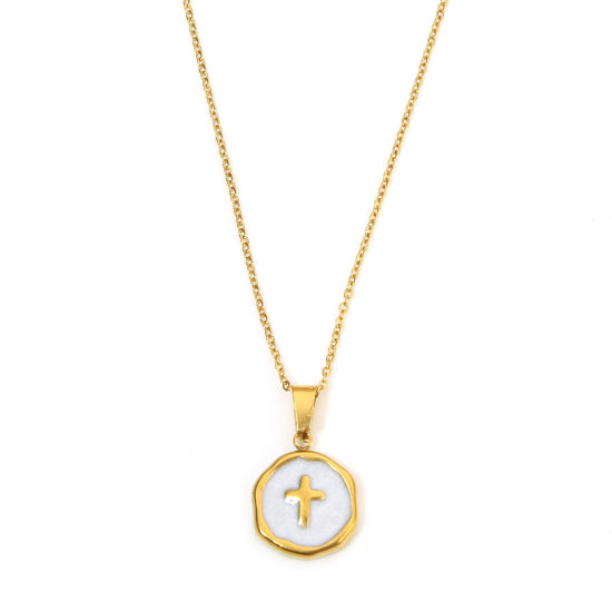 Picture of 1 Piece 304 Stainless Steel Religious Link Cable Chain Necklace 18K Gold Plated White Round Cross Enamel 40cm(15 6/8") long
