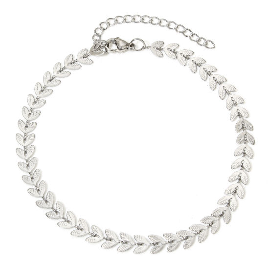 Picture of 1 Piece 304 Stainless Steel Handmade Link Chain Anklet Silver Tone With Lobster Claw Clasp And Extender Chain Leaf 22.5cm(8 7/8") long