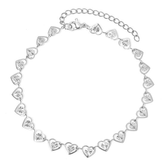 Picture of 1 Piece 304 Stainless Steel Handmade Link Chain Anklet Silver Tone With Lobster Claw Clasp And Extender Chain Heart 22.5cm(8 7/8") long