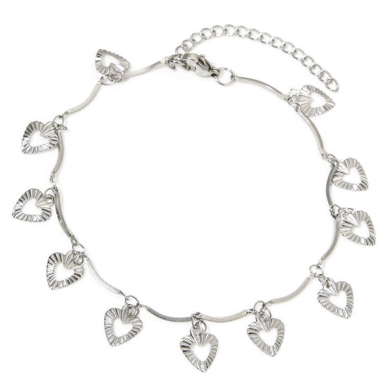 Picture of 1 Piece 304 Stainless Steel Handmade Link Chain Anklet Silver Tone With Lobster Claw Clasp And Extender Chain Heart 22cm(8 5/8") long