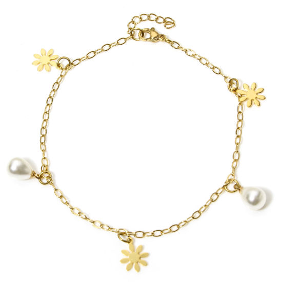 Picture of 1 Piece 304 Stainless Steel Link Cable Chain Anklet Gold Plated With Lobster Claw Clasp And Extender Chain Daisy Flower 23cm(9") long