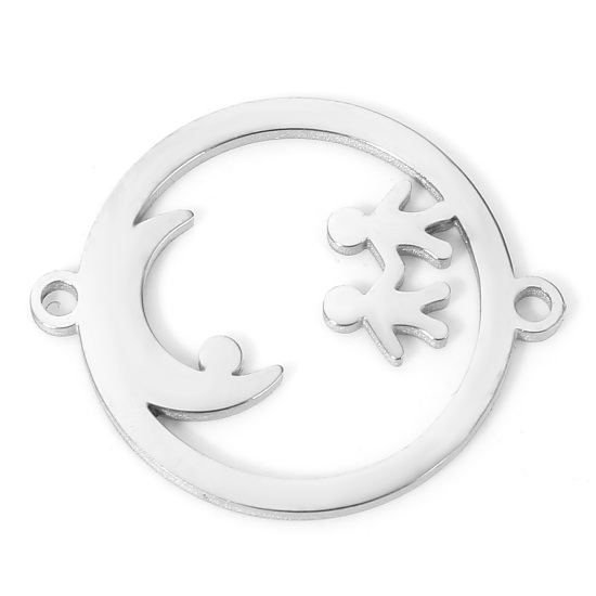 Bild von 5 Stück 304 Edelstahl Steckverbinder Charms Anhänger Rund Silberfarbe Mond Hohl 19mm x 15.5mm