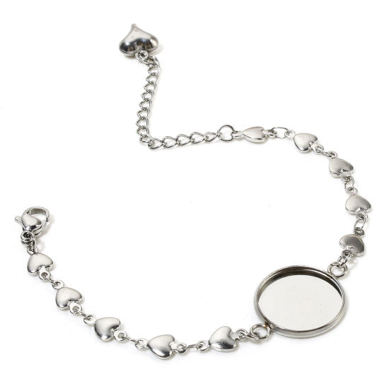 Picture of 2 PCs 304 Stainless Steel Link Cable Chain Bracelets Silver Tone Round Cabochon Settings 15.5cm(6 1/8") long
