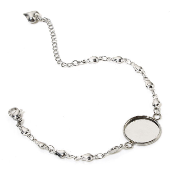 Picture of 2 PCs 304 Stainless Steel Link Cable Chain Bracelets Silver Tone Round Cabochon Settings 16.5cm(6 4/8") long