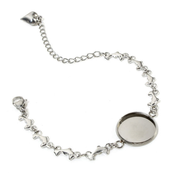 Picture of 2 PCs 304 Stainless Steel Link Cable Chain Bracelets Silver Tone Round Cabochon Settings 15cm(5 7/8") long