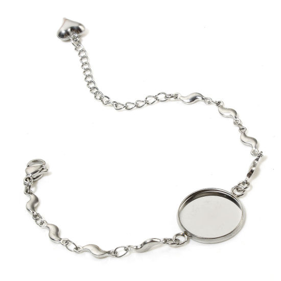 Picture of 2 PCs 304 Stainless Steel Link Cable Chain Bracelets Silver Tone Round Cabochon Settings 15cm(5 7/8") long