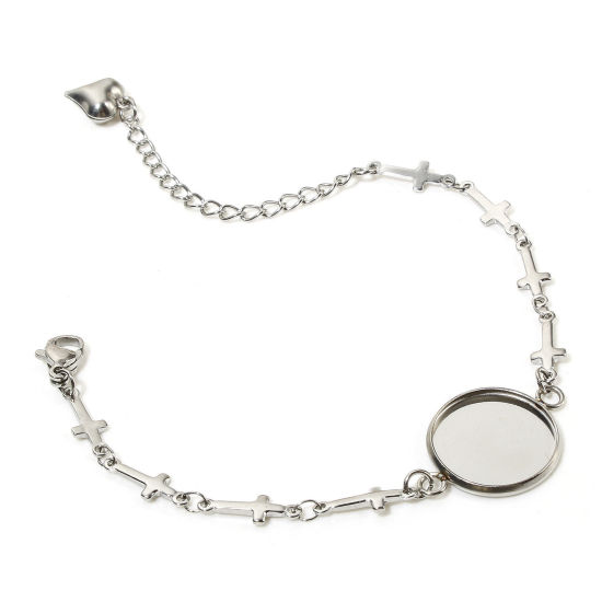 Picture of 2 PCs 304 Stainless Steel Link Cable Chain Bracelets Silver Tone Round Cabochon Settings 16cm(6 2/8") long