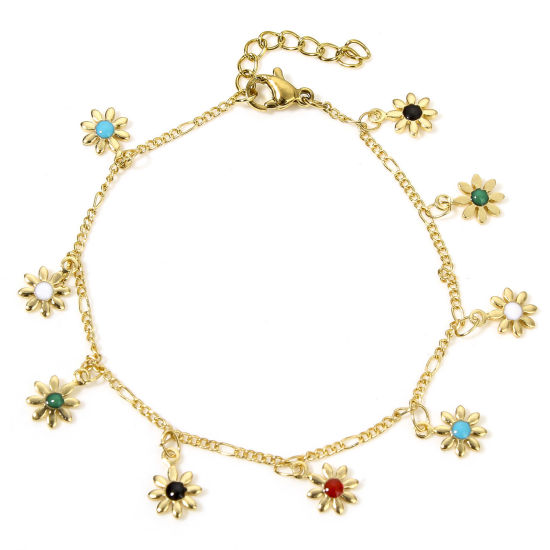 Picture of 1 Piece 304 Stainless Steel Curb Link Chain Bracelets Gold Plated Multicolor Daisy Flower Enamel 18cm(7 1/8") long