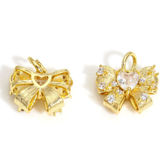 Immagine di 2 Pz Ecologico Ottone Abiti Charms Cravatta a Farfalla 18K Vero Oro Placcato Micro Spianare Trasparente Cubic Zirconiae 13mm x 12mm