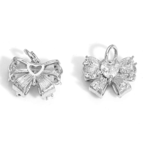 Immagine di 2 Pz Ecologico Ottone Abiti Charms Cravatta a Farfalla Vero Platino Placcato Micro Spianare Trasparente Cubic Zirconiae 13mm x 12mm