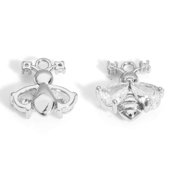 Picture of 2 PCs Eco-friendly Brass Insect Charms Real Platinum Plated Bee Animal Clear Cubic Zirconia 11.5mm x 11.5mm