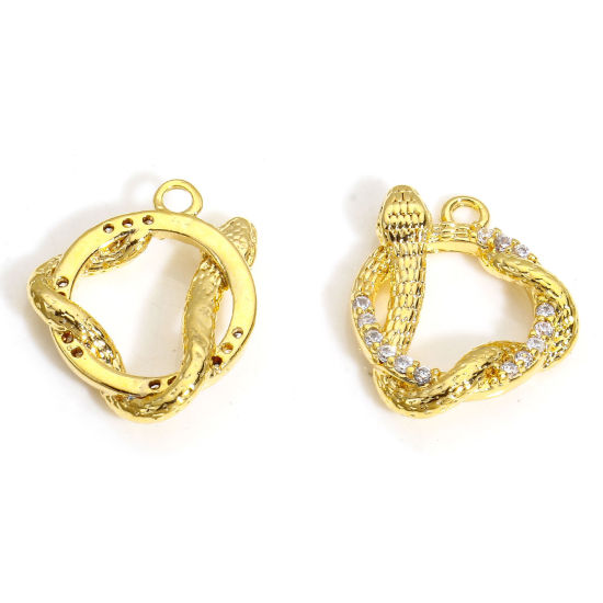 Immagine di 2 Pz Ecologico Ottone Charms Serpente 18K Vero Oro Placcato Micro Spianare Trasparente Cubic Zirconiae 15mm x 13mm
