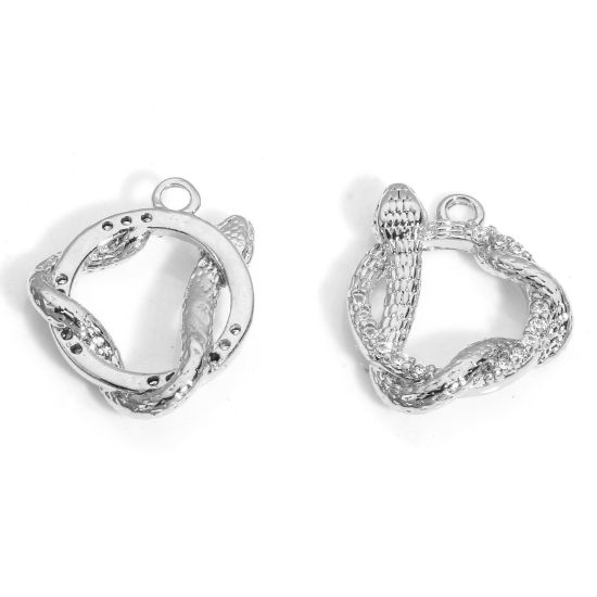 Immagine di 2 Pz Ecologico Ottone Charms Serpente Vero Platino Placcato Micro Spianare Trasparente Cubic Zirconiae 15mm x 13mm