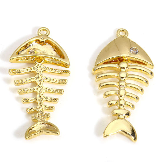Image de 2 Pcs Breloques Bijoux d'Océan en Laiton Respectueux de la Nature Os de Poisson Plaqué Or Véritable 18K à Zircone Cubique Clair 28mm x 13mm