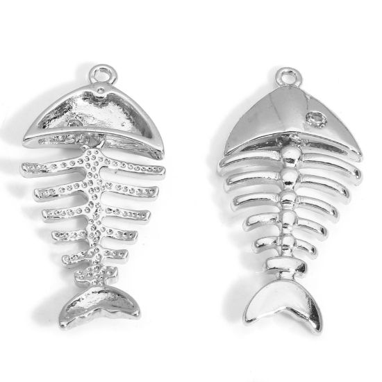 Image de 2 Pcs Breloques Bijoux d'Océan en Laiton Respectueux de la Nature Os de Poisson Plaqué Platine Véritable à Zircone Cubique Clair 28mm x 13mm