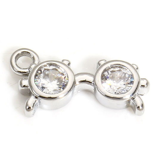 Image de 2 Pcs Breloques Bijoux d'Ecole en Laiton Respectueux de la Nature Lunettes Plaqué Platine Véritable à Zircone Cubique Clair 13mm x 7mm