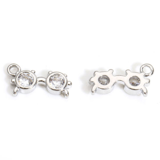 Image de 2 Pcs Breloques Bijoux d'Ecole en Laiton Respectueux de la Nature Lunettes Plaqué Platine Véritable à Zircone Cubique Clair 13mm x 7mm