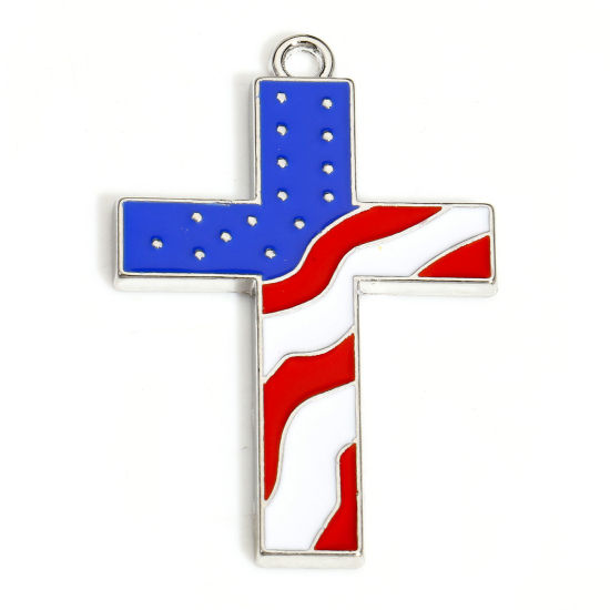 Picture of 5 PCs Zinc Based Alloy American Independence Day Pendants Silver Tone Multicolor Cross Flag Of The United States Enamel 4cm x 2.6cm