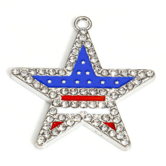 Picture of 5 PCs Zinc Based Alloy American Independence Day Pendants Silver Tone Multicolor Pentagram Star Flag Of The United States Enamel Clear Rhinestone 3.4cm x 3.2cm