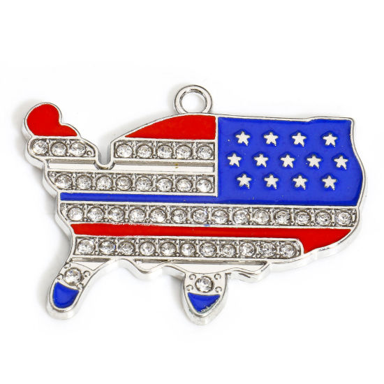 Picture of 5 PCs Zinc Based Alloy American Independence Day Pendants Silver Tone Multicolor Map Flag Of The United States Enamel Clear Rhinestone 3.5cm x 2.6cm