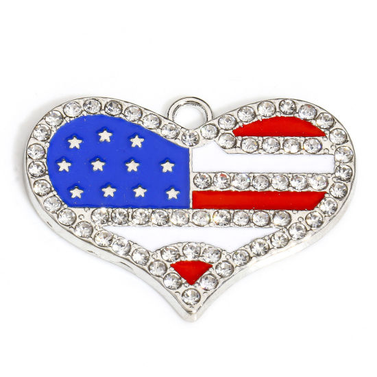 Picture of 5 PCs Zinc Based Alloy American Independence Day Pendants Silver Tone Multicolor Heart Flag Of The United States Enamel Clear Rhinestone 3.2cm x 2.4cm