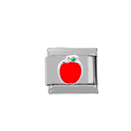 Picture of 1 Piece Zinc Based Alloy & Stainless Steel Italian Charm Links For DIY Bracelet Jewelry Making Silver Tone Rectangle Apple Fruit 10mm x 9mm