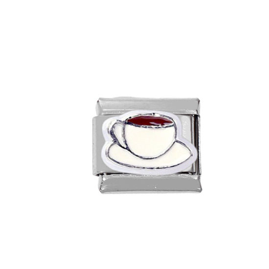Picture of 1 Piece Zinc Based Alloy & Stainless Steel Italian Charm Links For DIY Bracelet Jewelry Making Silver Tone Rectangle Coffee 10mm x 9mm