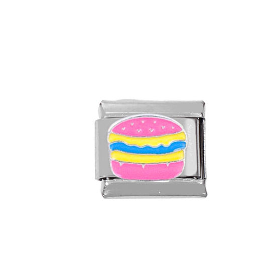 Picture of 1 Piece Zinc Based Alloy & Stainless Steel Italian Charm Links For DIY Bracelet Jewelry Making Silver Tone Rectangle Hamburger 10mm x 9mm
