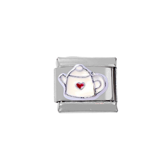 Picture of 1 Piece Zinc Based Alloy & Stainless Steel Italian Charm Links For DIY Bracelet Jewelry Making Silver Tone Rectangle Teapot 10mm x 9mm