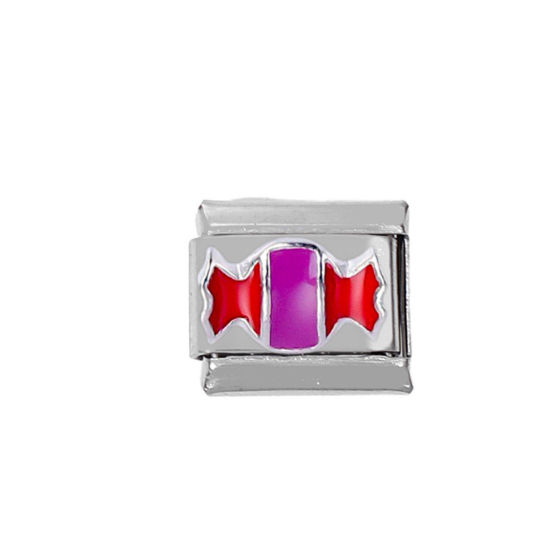 Picture of 1 Piece Zinc Based Alloy & Stainless Steel Italian Charm Links For DIY Bracelet Jewelry Making Silver Tone Rectangle Candy 10mm x 9mm