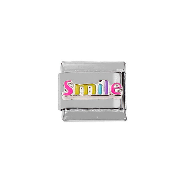 Picture of 1 Piece Zinc Based Alloy & Stainless Steel Italian Charm Links For DIY Bracelet Jewelry Making Silver Tone Rectangle Message " SMILE " 10mm x 9mm