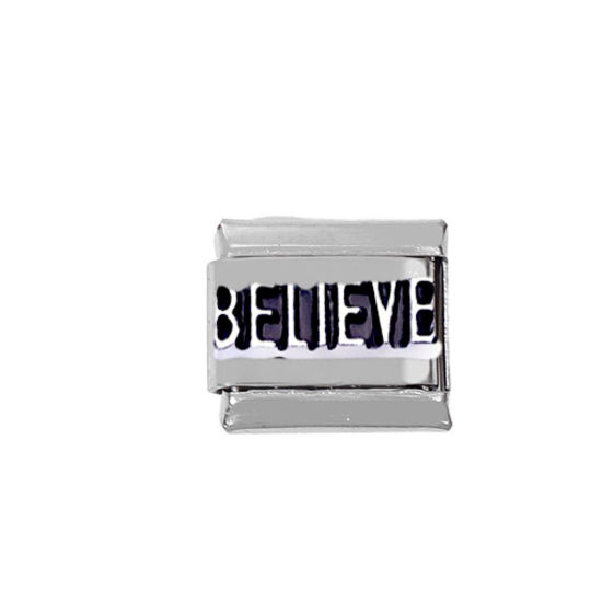Picture of 1 Piece Zinc Based Alloy & Stainless Steel Italian Charm Links For DIY Bracelet Jewelry Making Silver Tone Rectangle Message " Believe " 10mm x 9mm