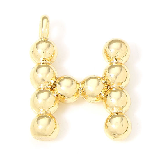 Image de 2 Pcs Breloques en Laiton Respectueux de la Nature Lettre Plaqué Or Véritable 18K à Pois Mots" H " 11.5mm x 9mm